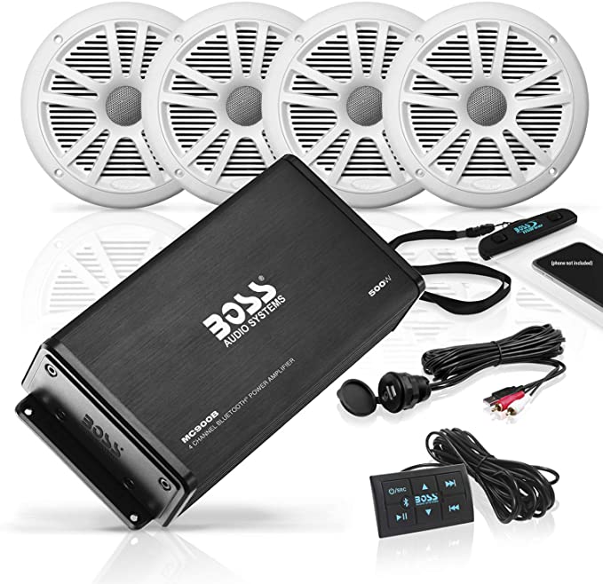 Boss Audio ASK904B.64 :  Marine 500 Watt 4 Channel Amplifier / 6.5 Inch Speaker Bluetooth System, Bluetooth Remote, USB Auxiliary Interface Mount, Waterproof Pouch