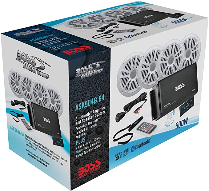 Boss Audio ASK904B.64 :  Marine 500 Watt 4 Channel Amplifier / 6.5 Inch Speaker Bluetooth System, Bluetooth Remote, USB Auxiliary Interface Mount, Waterproof Pouch