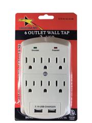 TS-12 USB WIS:Power Tap Wall 6Outlet W/2USB