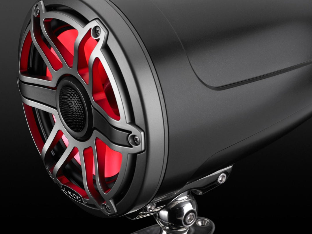 JL Audio JLM6770ETXV3SBSGMTII: 7.7" M6-Series LED RGB Satin Gun Metal Titanium Sport Enclosed Tower Coaxial Marine Speaker System