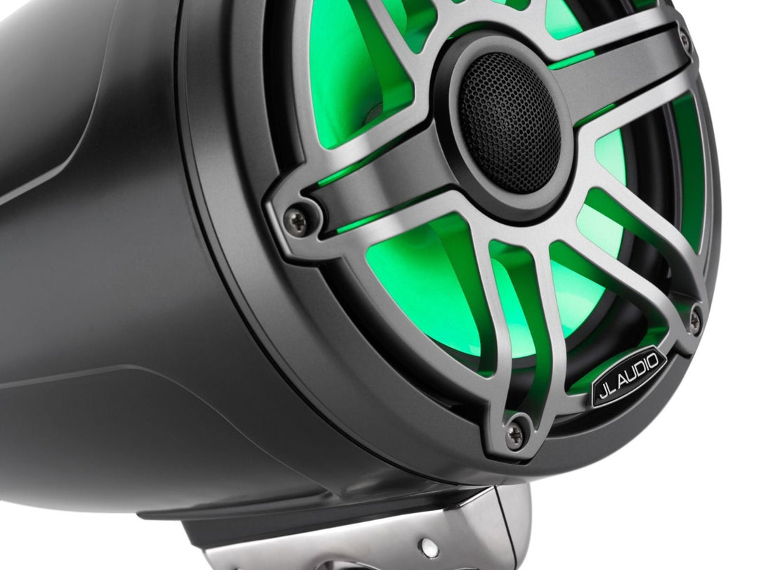 JL Audio JLM6770ETXV3SBSGMTII: 7.7" M6-Series LED RGB Satin Gun Metal Titanium Sport Enclosed Tower Coaxial Marine Speaker System