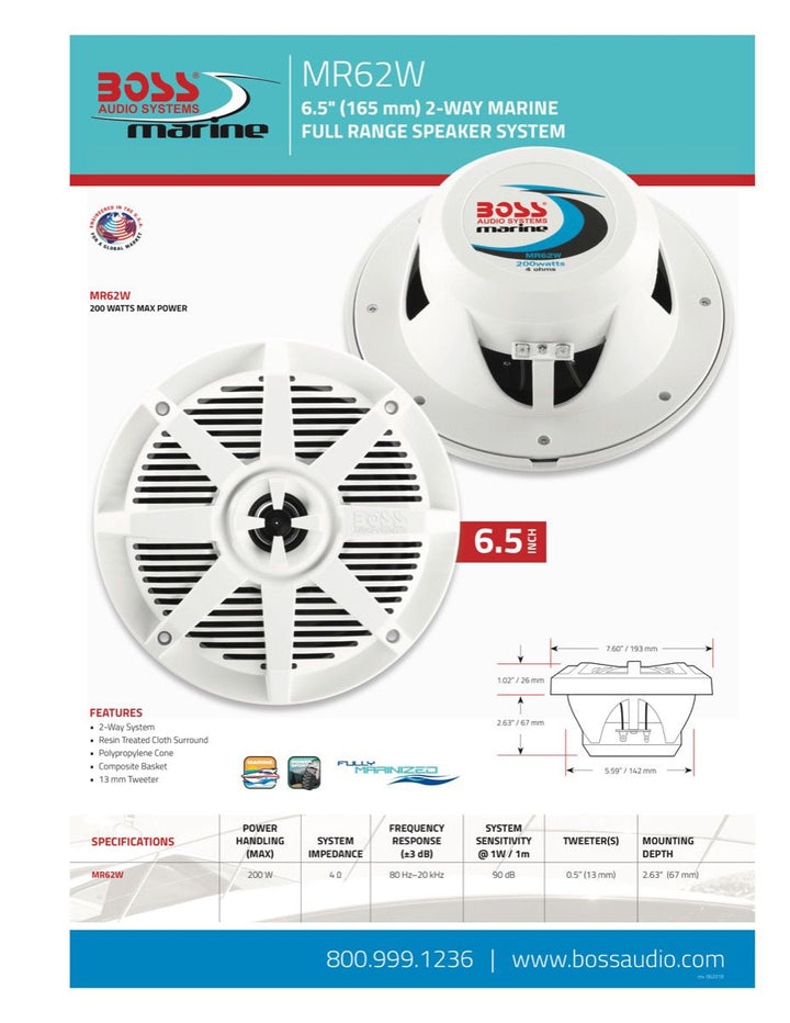 Boss Audio MR62W: 6.5" 200 W 2-Way White Coaxial Marine Speaker