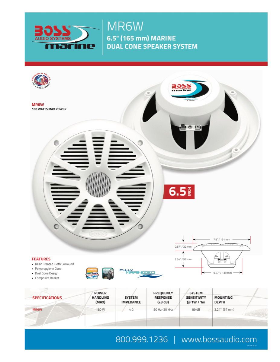 Boss Audio MR6W: 6.5" 180 W Dual Cone White Marine Speaker