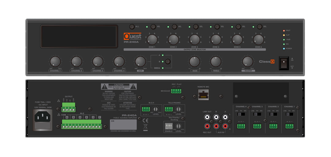 Quest Commercial PR-240A: 240 W 6-Zones Mixer / Amplifier
