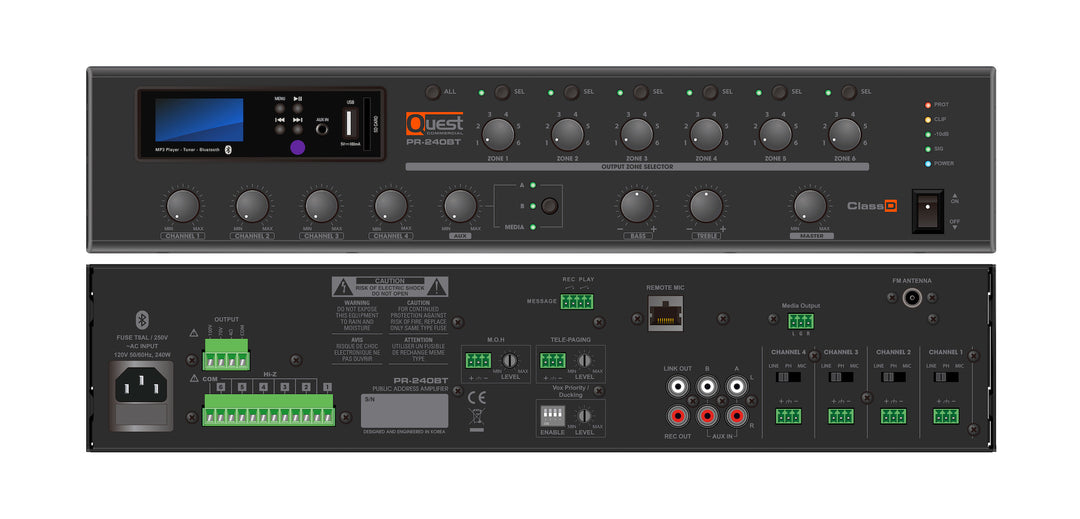 Quest Commercial PR-240BT: 240 W 6-Zones Bluetooth Mixer / Amplifier