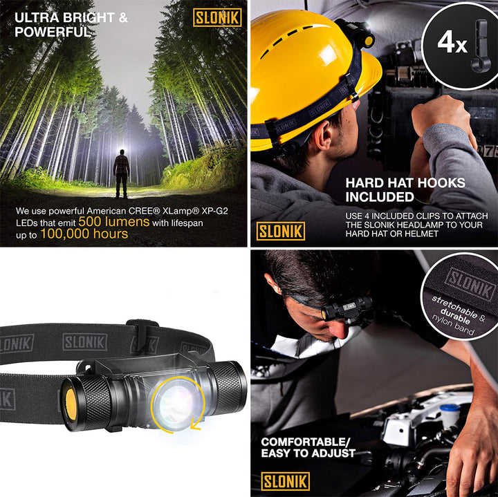 Slonik S10: 500 Lumens LED Rechargeable Headlamp