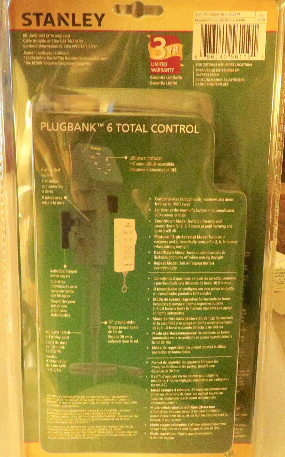 Stanley PLUGBANK 6 TOTAL CONTROL: (GS606) 6 Outlet Photocell, Timer, and Remote