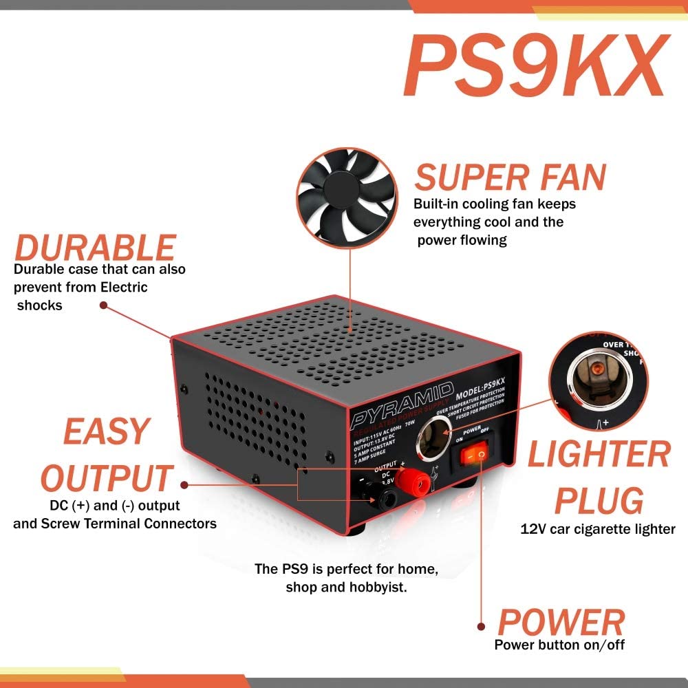 PS9KX Pyramid:Power Supply with Cigarette Lighter Plug 5A/7A