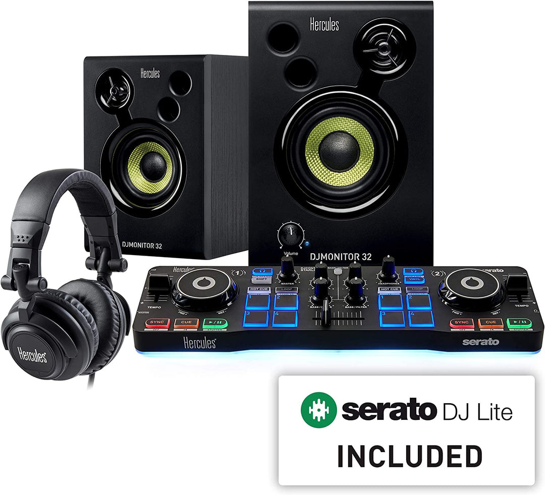 Hercules DJ Starter Kit | Starlight USB DJ Controller with Serato DJ Lite Software, 15-Watt Monitor Speakers, and Sound-Isolating Headphones